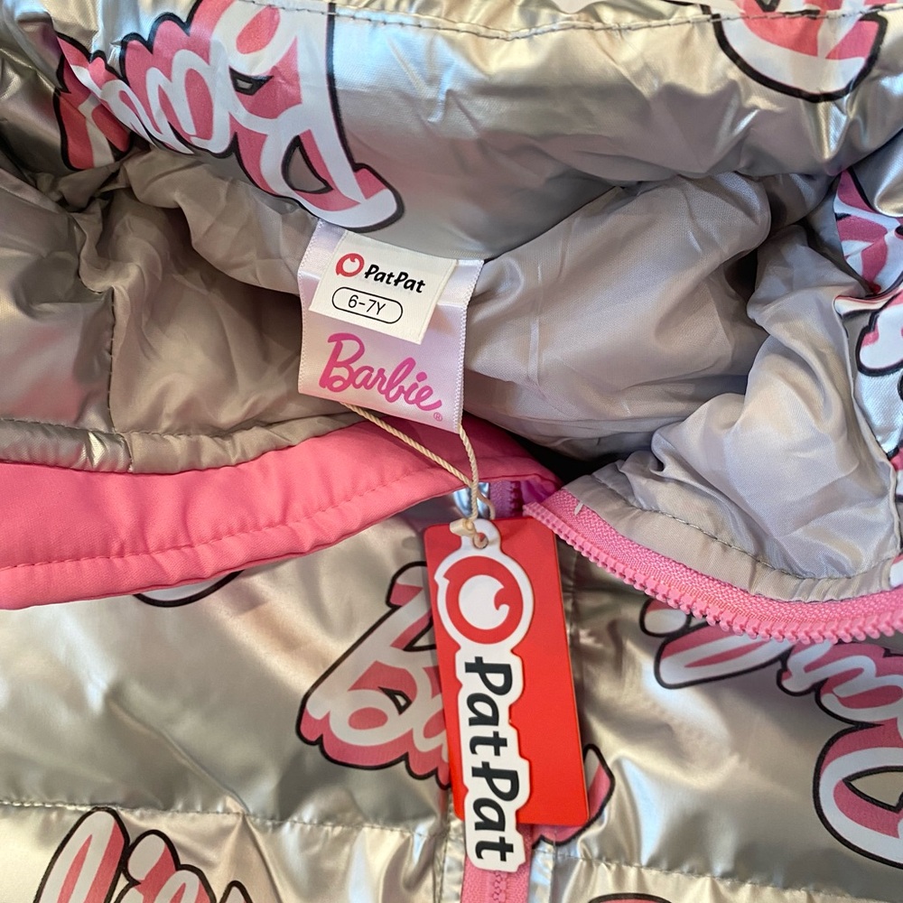 Barbie Girl 1pc Logo Pattern Long-sleeve Crop Puffer Jacket Silver and Pink - Picture 12 of 12